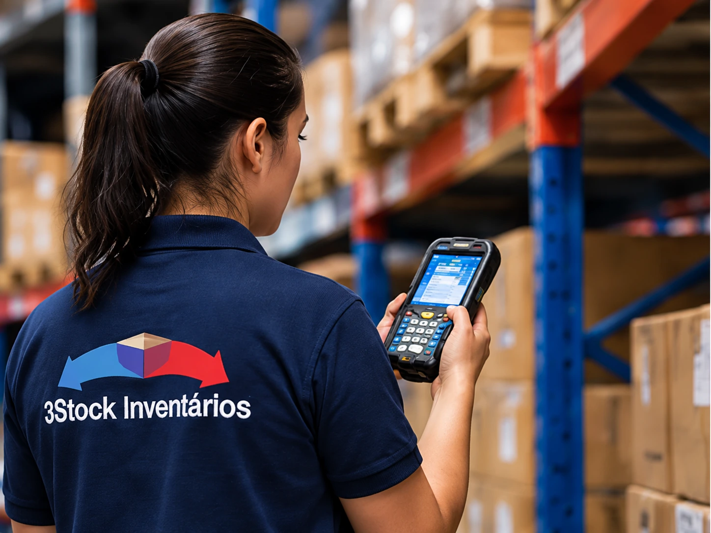 Operadora 3Stock realizando contagem com coletor no estoque
